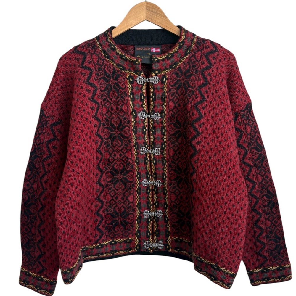 Vintage Windfjord Norwegian Wool Cardigan Red Nordic Sweater 100% Wool XL